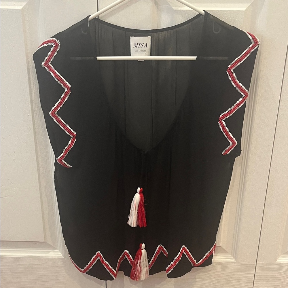 Misa Los Angeles Black Blouse with Red and White Trim